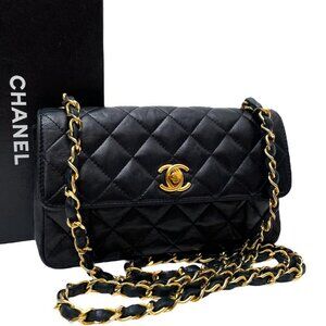 CHANEL Vintage 24K CC Classic Single Flap Quilted Lambskin Chain Bag Leather